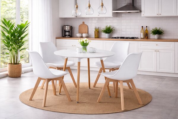 Kerek étkezőasztal szett: KAMI 80 cm fehér + 4x Oslo fehér/natúr