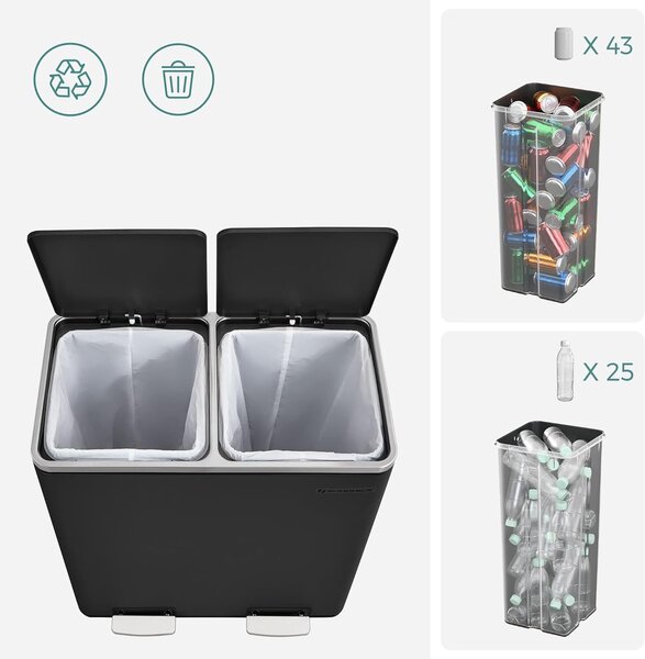Rozsdamentes acél szemetes 2 szelektív gyűjtőrekeszgel, belső vödrökkel, 2x30 liter, fekete
