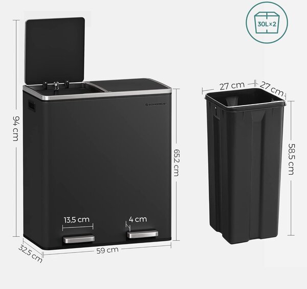 Rozsdamentes acél szemetes 2 szelektív gyűjtőrekeszgel, belső vödrökkel, 2x30 liter, fekete