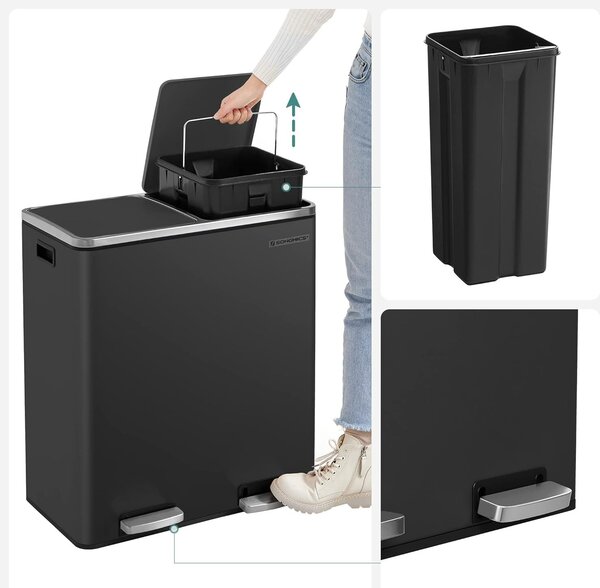 Rozsdamentes acél szemetes 2 szelektív gyűjtőrekeszgel, belső vödrökkel, 2x30 liter, fekete
