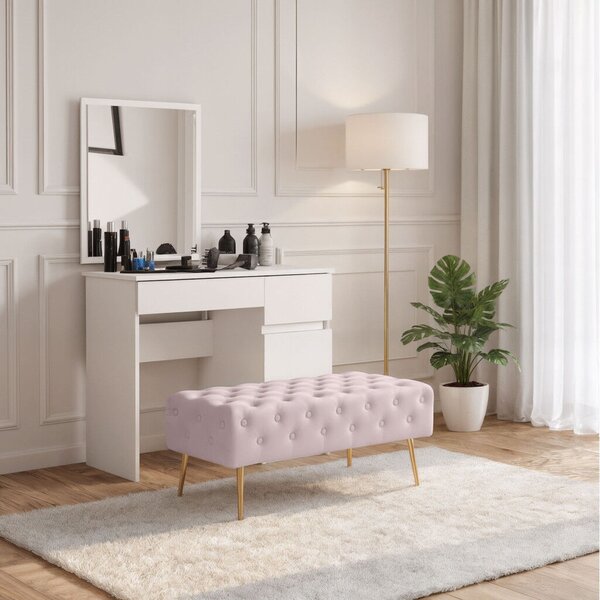 Monaco taburet, bársonnyal kárpitozott, pad típusú, fém lábak, 100x42x41 cm, pasztell rózsaszín