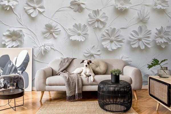 Fotótapéta Fehér relief kompozíció virágokból minimalista és kifinomult stílusban, 3d fotótapéta, Fotótapéta 3d virágok, w01828 : Uwalls.hu