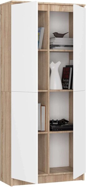 Polc 8 polccal, 16 mm-es laminált forgácslap, 80x35x180 cm, sonoma tölgy és fehér