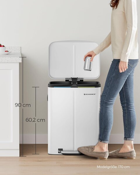 Rozsdamentes acél szemetes 2 belső vödrrel, szelektív gyűjtés, 2x20 liter, fehér