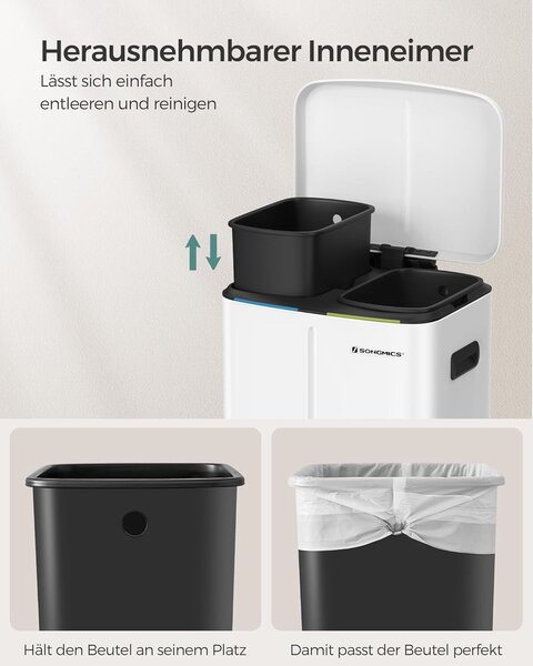 Rozsdamentes acél szemetes 2 belső vödrrel, szelektív gyűjtés, 2x20 liter, fehér