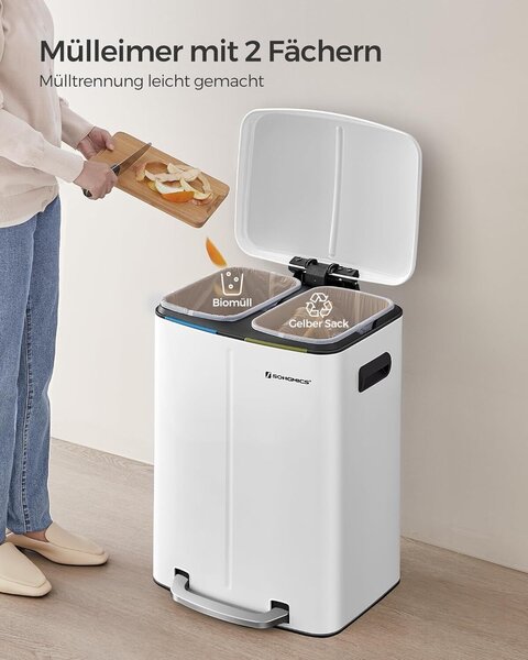 Rozsdamentes acél szemetes 2 belső vödrrel, szelektív gyűjtés, 2x20 liter, fehér