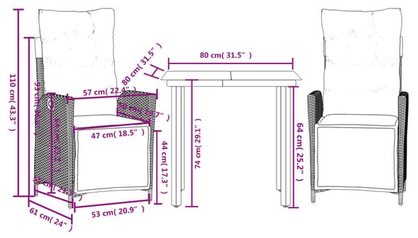 VidaXL 3részes világosszürke polyrattan kerti étkezőgarnitúra párnával