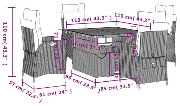 VidaXL 5 részes fekete polyrattan kerti étkezőgarnitúra párnákkal
