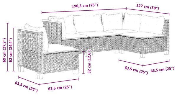 VidaXL 5 részes fekete polyrattan kerti kanapészett párnákkal
