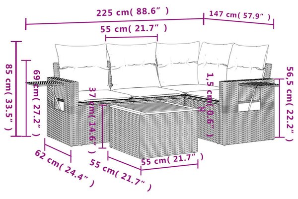 VidaXL 5 részes fekete polyrattan kerti kanapészett párnákkal