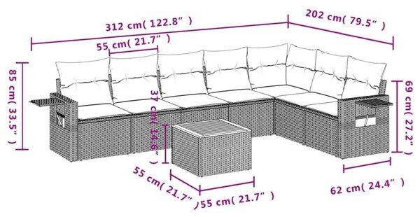 Polyrattan Kerti Ülőgarnitúra - 8 Részes - Szürke