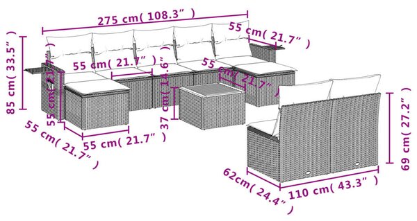 VidaXL Polyrattan Kerti Ülőgarnitúra - 10 részes - Szürke
