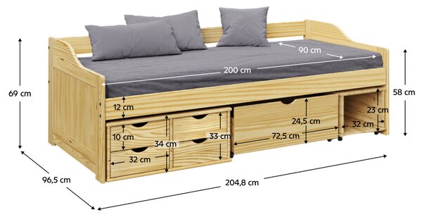 KONDELA Ágy tárolóhellyel, természetes, tömörfa, 90x200, MAXI NEW
