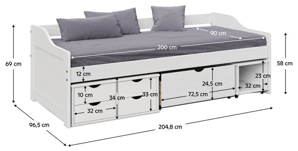 KONDELA Ágy tárolóhellyel, fehér, tömörfa, 90x200, MAXI NEW