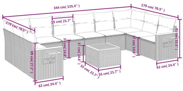 VidaXL Polyrattan Kerti Ülőgarnitúra - 11 részes - Szürke