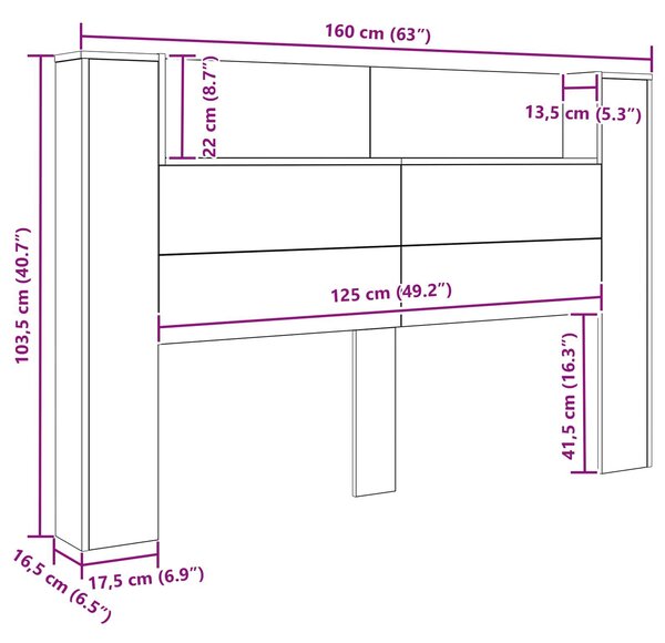 VidaXL LED-es Fejtámla Szekrény Fekete Tölgy 160 x 16,5 x 103,5 cm