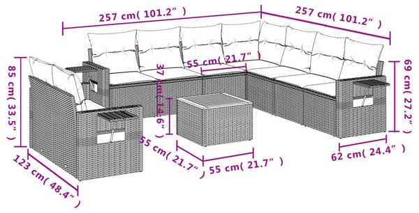 VidaXL 10 részes fekete polyrattan kerti ülőgarnitúra párnákkal