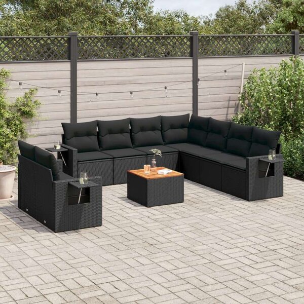 VidaXL 10 részes fekete polyrattan kerti ülőgarnitúra párnákkal