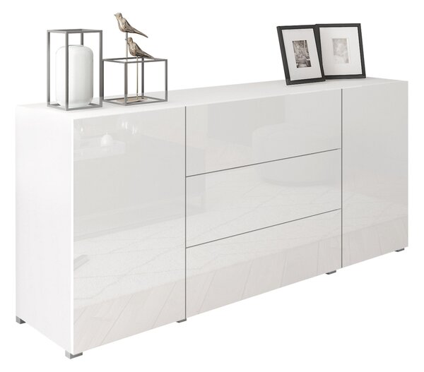 Komód Sarasota 191, Laminált forgácslap, 68x150x39cm, Fényes fehér, Fehér