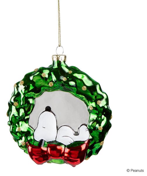 PEANUTS üveg karácsonyfadísz, Snoopy koszorúban, 11 cm