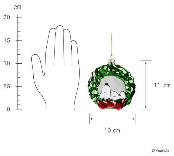 PEANUTS üveg karácsonyfadísz, Snoopy koszorúban, 11 cm
