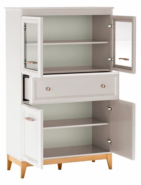 Könyvespolc Sonfera 104, Zárt, Fiókokkal, Ajtókkal, Közepes sűrűségű farostlemez, Laminált forgácslap, Edzett üveg, 151x92x41cm, Aranysárga, Tölgy, Kasmír