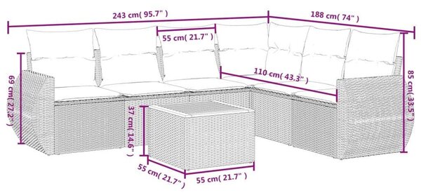 VidaXL 7 részes fekete polyrattan kerti ülőgarnitúra párnával