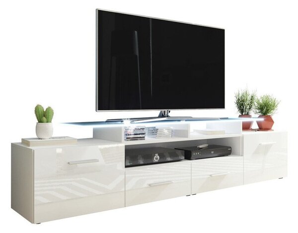 TV-állvány Charlotte 117, Közepes sűrűségű farostlemez, Laminált forgácslap, 38x194x39cm, Fényes fehér, Fehér