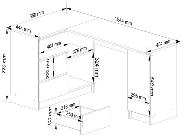 AKORD B20 Sarok Számítógépasztal Fehér Matt Metál Magasfényű 155 cm Bal