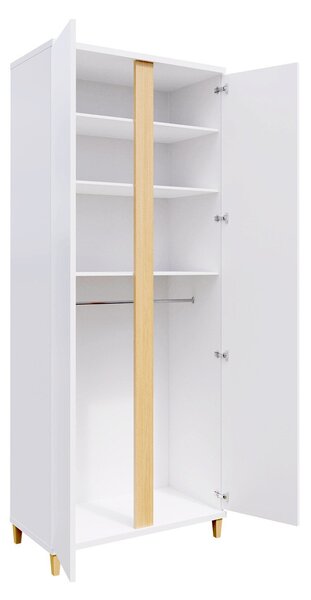Gardróbszekrény Florem, Laminált forgácslap, 200x90x55cm, Világos fa, Fényes fehér, Fehér