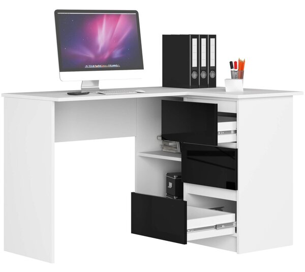 AKORD B16 Sarok Íróasztal 124 cm Jobbos 3 Fiókos Fehér/Fekete Magasfényű