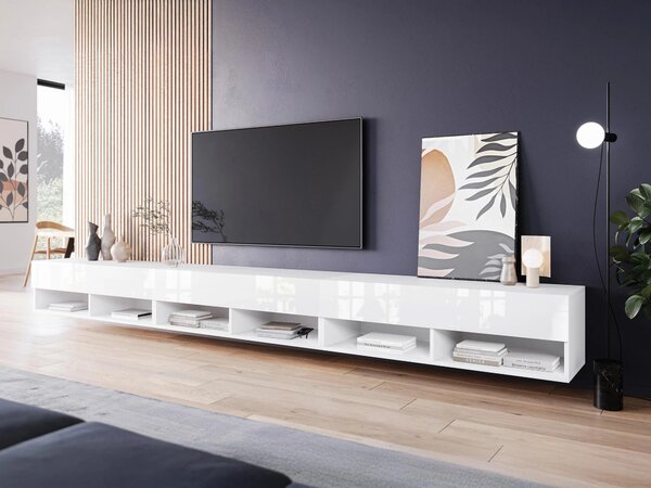 TV-állvány Sarasota 144, Laminált forgácslap, 30x300x33cm, Fényes fehér, Fehér