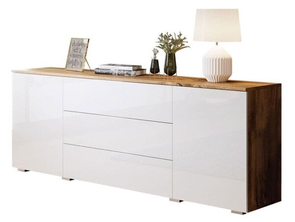 Komód Sarasota 129, Laminált forgácslap, 68x150x39cm, Fényes fehér, Wotan tölgy