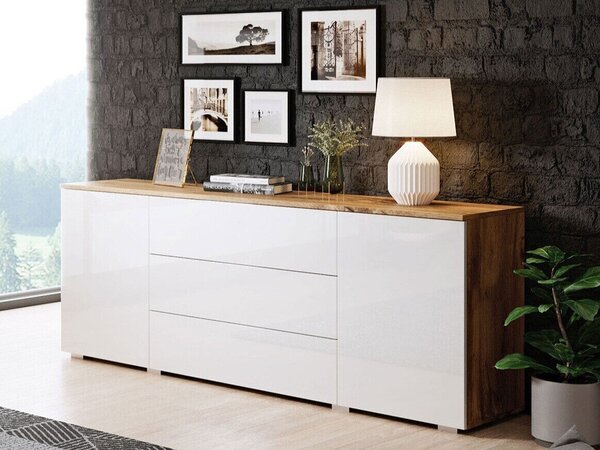 Komód Sarasota 129, Laminált forgácslap, 68x150x39cm, Fényes fehér, Wotan tölgy