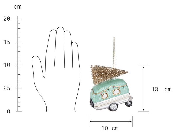 HANG ON üveg karácsonyfadísz, mentazöld lakókocsi fenyőfával 11cm