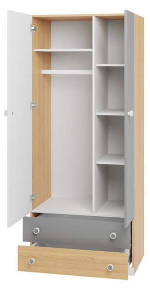 Gardróbszekrény Tesmonu 102, Laminált forgácslap, 190x80x50cm, Fehér, Tölgy, Szürke