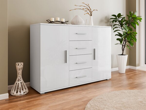 Komód Charlotte 118, Laminált forgácslap, 92x132x38cm, Fényes fehér, Fehér