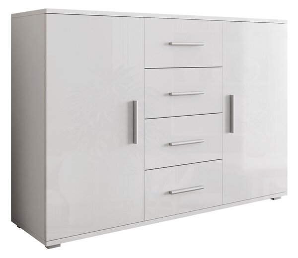 Komód Charlotte 118, Laminált forgácslap, 92x132x38cm, Fényes fehér, Fehér