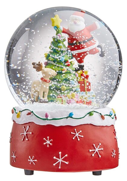 X-MAS zenélő hógömb, Mikulás rénszarvassal és karácsonyfával, Ø10cm