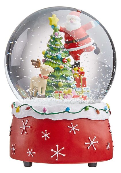X-MAS zenélő hógömb, Mikulás rénszarvassal és karácsonyfával, Ø10cm