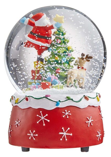 X-MAS zenélő hógömb, Mikulás rénszarvassal és karácsonyfával, Ø10cm
