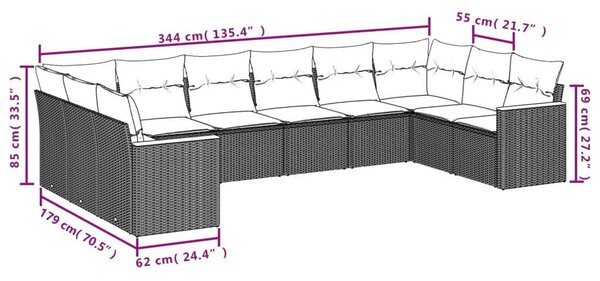 VidaXL Polyrattan Kerti Ülőgarnitúra - 10 részes - Fekete