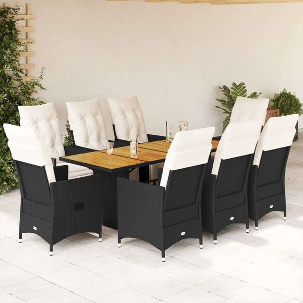 VidaXL Kerti Étkezőgarnitúra - 9 részes - Fekete Polyrattan