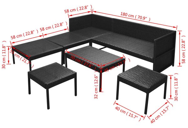 Polyrattan Kerti Bútorszett - 6 részes - Fekete