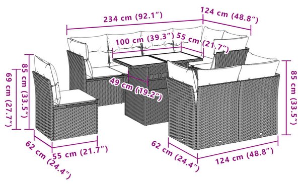 VidaXL Polyrattan Kerti Ülőgarnitúra - 9 részes - Világosszürke