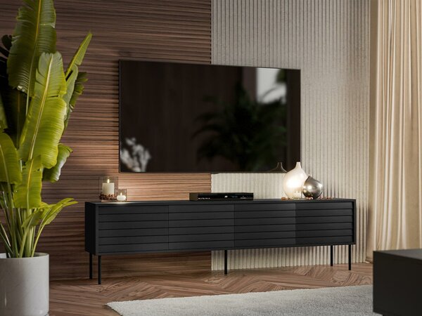 TV-állvány Flosoru 105, Közepes sűrűségű farostlemez, Laminált forgácslap, 55x200x40cm, Fekete