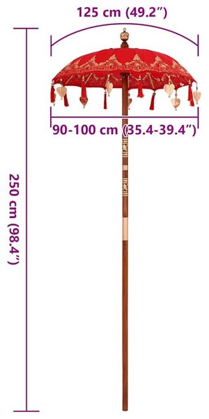 Balinéz Napernyő Piros (90-100) x 260 cm Pamut és tömör fa