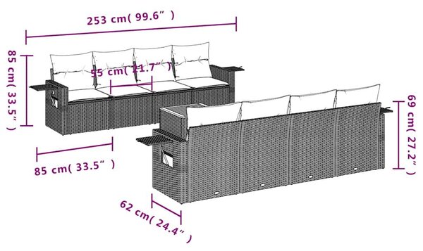VidaXL 9 db szürke polyrattan kerti kanapégarnitúra párnákkal