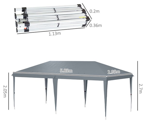 Outsunny Összecsukható Kerti Sátor Szállítótáskával, Epoxi Acél és Oxford Poliészter, 5,85x2,95x2,7 m, Szürke