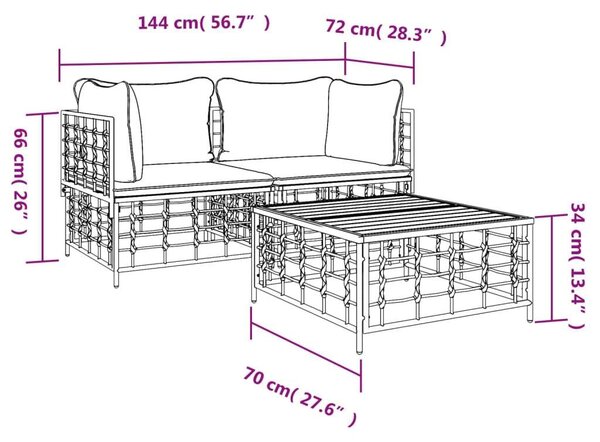 Polyrattan Kerti Ülőgarnitúra - 3 részes - Antracitszürke